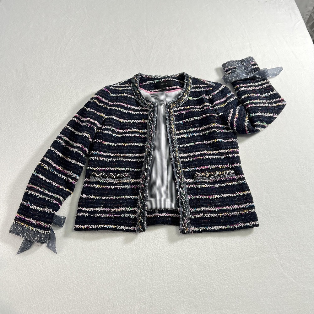 J Crew Blazer Ladies Jacket Womens 00 Navy Colorful Tweed Bow Preppy Twee School